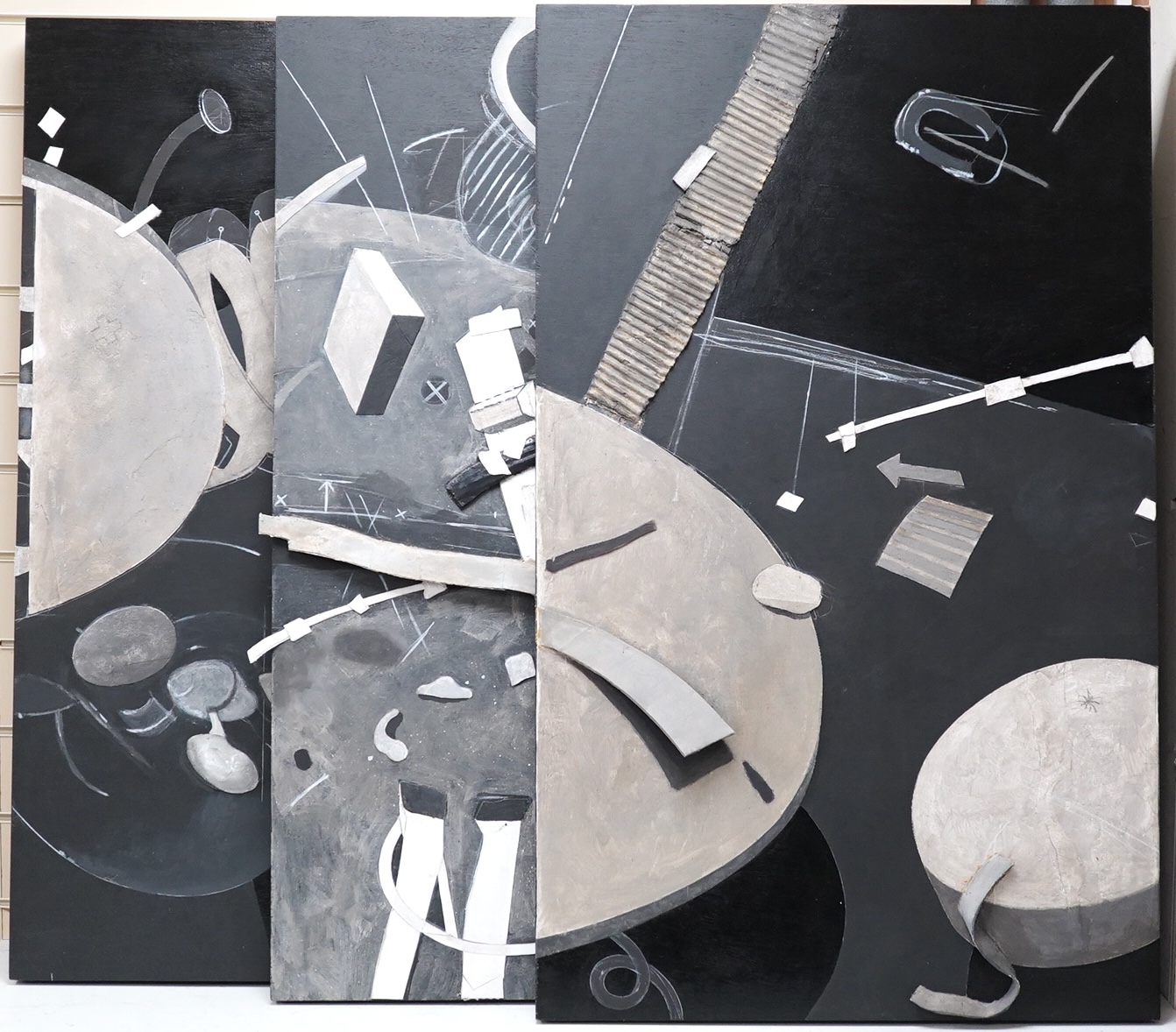 Gus Cummins, Abstract composition, tryptych oils and mixed media collage on board, Royal Academy of Arts Summer Exhibition 2007 label verso, unframed, 104 x 63cm